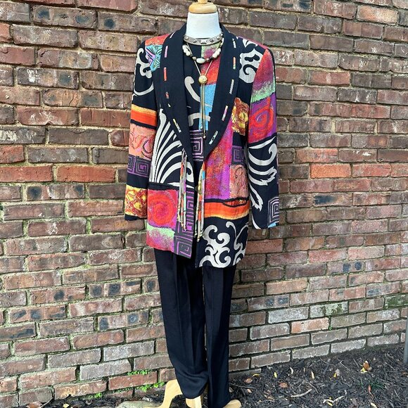 Vtg 90s Dorothy Schoelen Platinum Vivid Abstract 3 Piece Pant Suit Set Sz SM - Picture 1 of 10